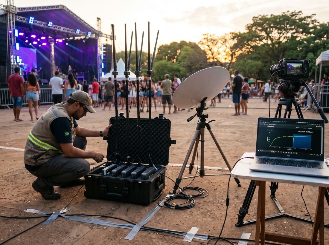 Técnico montando internet portátil com antenas para transmissão em evento ao ar livre